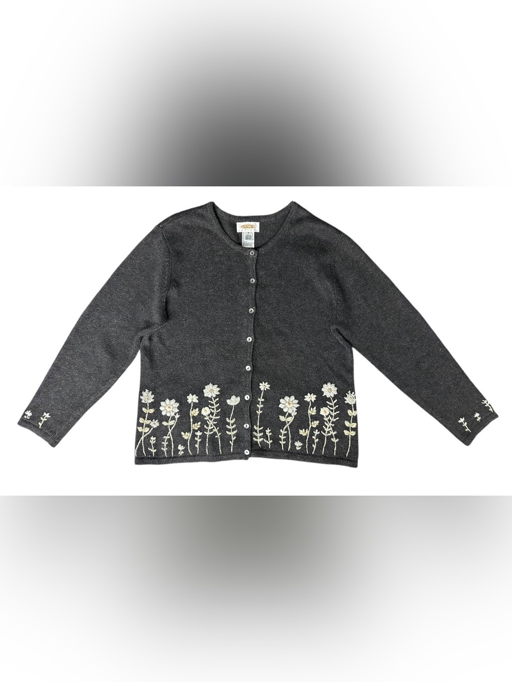 Vintage Talbots Gray Floral Knitted MOP Button Cardigan Petite MED GrandmaCore
